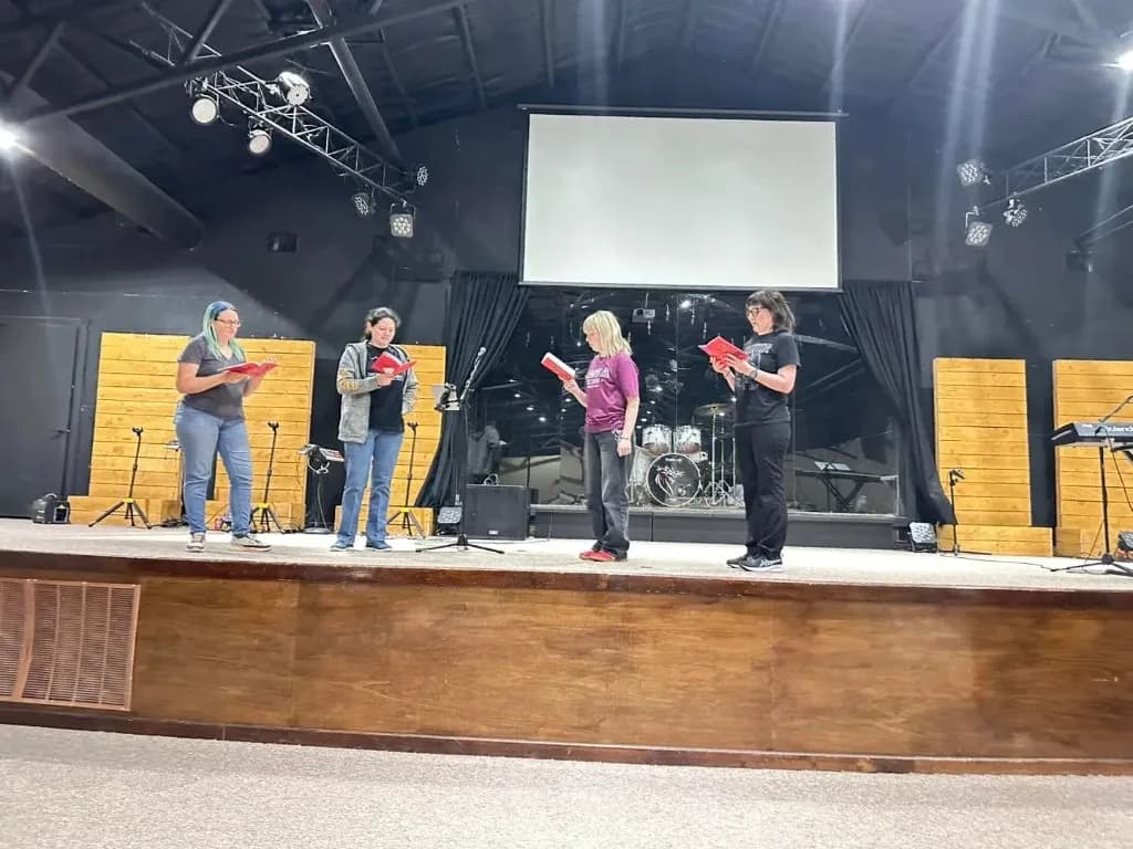 Cast rehearsing on stage at Freedom Life Church